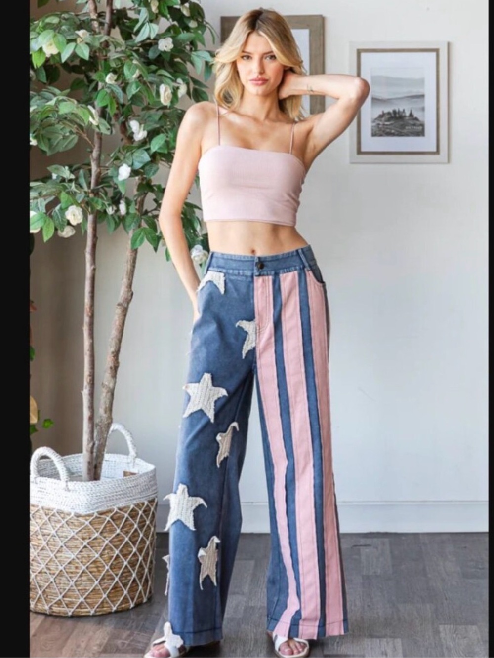 Oli & Hali Blue Denim Wide-Leg Jeans with Pink Stripe & White Stars - Picture 2 of 5